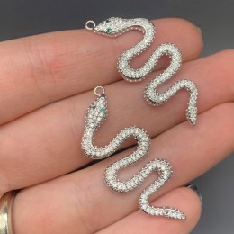 Подвеска, змея, со стразами(цирконами), латунь, цвет серебро/родий, размер 42х17 мм