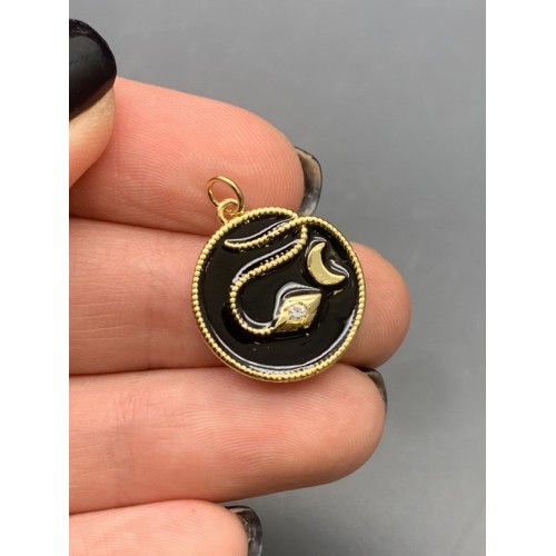 Подвеска, змея, круг, с черной эмалью, латунь, цвет золото, размер 19 мм