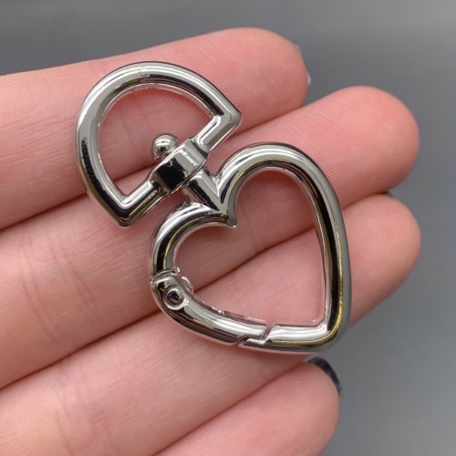 Карабин, сердце, с кольцом, родий/латунь, цвет серебро/родий, размер 45х26 мм, цена за шт