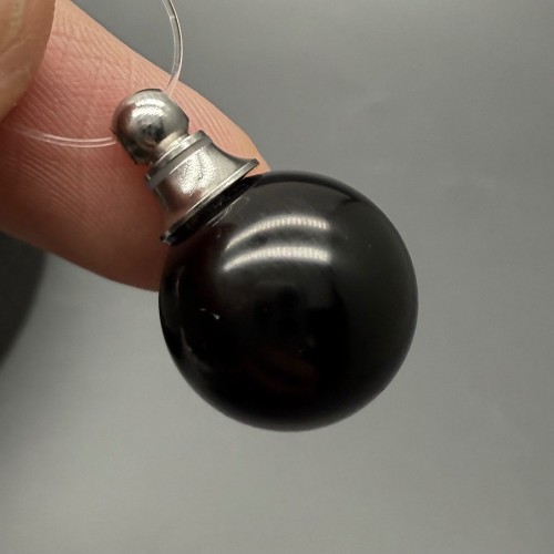 Подвеска, Агат черный, оникс, кулон-флакон для духов и масел, шар гладкий 16 мм, крепление - цвет серебро, цена за 1 шт.