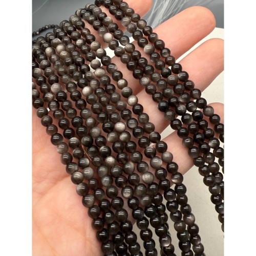 Каменные бусины, Обсидиан серебристый, люкс, шарик гладкий, 4 мм, длина нити 38 см
