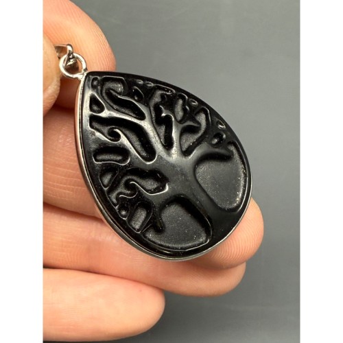 Подвеска, Агат черный, "Дерево жизни", резная, капля, в оправе, размер 33х25х7 мм, цена за 1 шт.