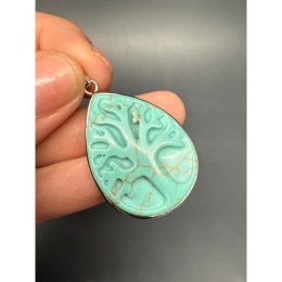 Подвеска, Говлит натуральный (т.н. Кахолонг), голубой, тонированный, "Дерево жизни", резная, капля, в оправе, размер 33х25х7 мм, цена за 1 шт.