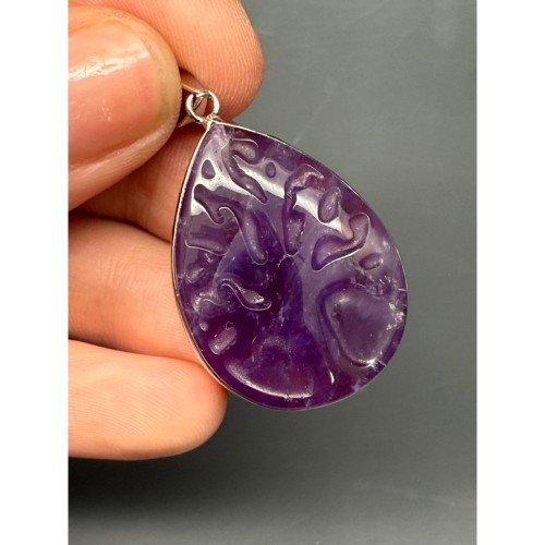 Подвеска, Аметист, "Дерево жизни", резная, капля, в оправе, размер 33х25х7 мм, цена за 1 шт.