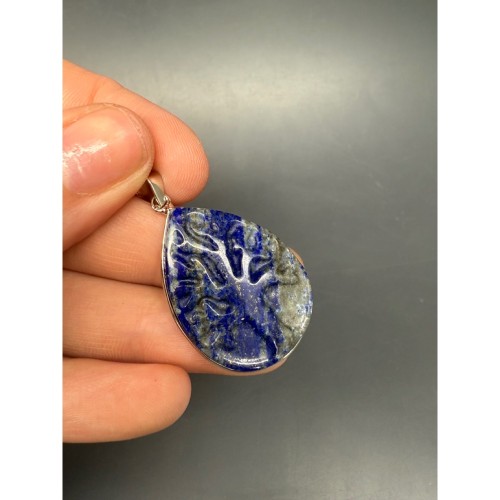 Подвеска, Лазурит, "Дерево жизни", резная, капля, в оправе, размер 33х25х7 мм, цена за 1 шт.