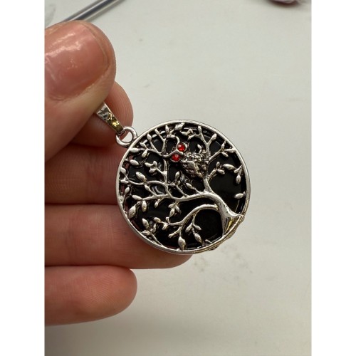 Подвеска, Агат черный, "Дерево жизни", двусторонняя, круглая, в оправе, размер 28х8,5 мм, цена за 1 шт.