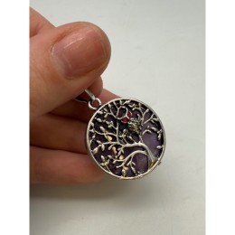 Подвеска, Аметист, "Дерево жизни", двусторонняя, круглая, в оправе, размер 28х8,5 мм, цена за 1 шт.