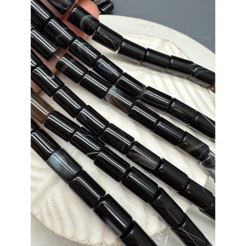 Каменные бусины, Агат черный, с полосками, люкс, трубочки (столбики), 8х12 мм, длина нити 38 см