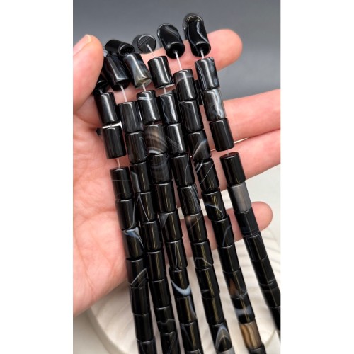 Каменные бусины, Агат черный, с полосками, люкс, трубочки (столбики), 8х12 мм, длина нити 38 см