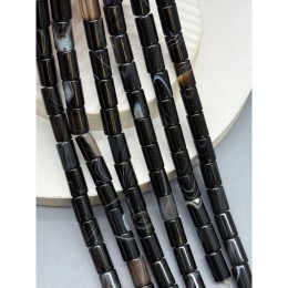 Каменные бусины, Агат черный, с полосками, люкс, трубочки (столбики), 8х12 мм, длина нити 38 см