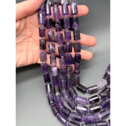 Каменные бусины, Аметист, столбики (трубочки), с гранями, размер~15х10 мм, длина нити 19 см