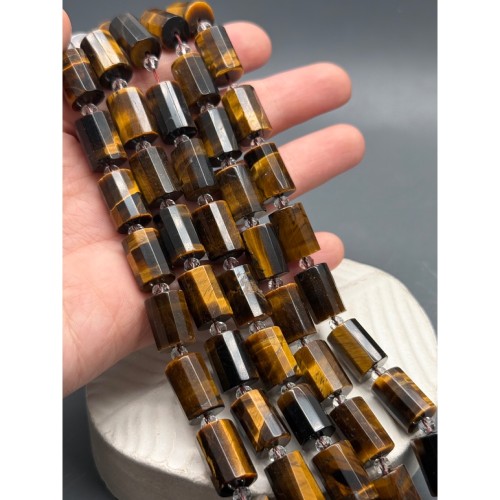 Каменные бусины, Тигровый глаз, столбики (трубочки), с гранями, размер~15х10 мм, длина нити 19 см