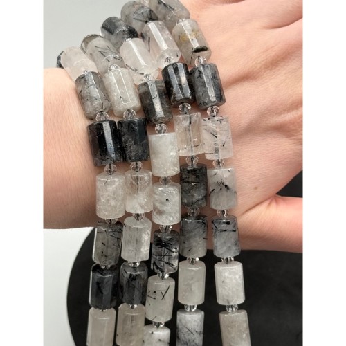 Каменные бусины, Турмалиновый кварц, столбики (трубочки), с гранями, размер~15х10 мм, длина нити 19 см