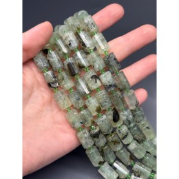 Каменные бусины, Пренит, с включениями, столбики (трубочки), с гранями, размер~15х10 мм, длина нити 19 см