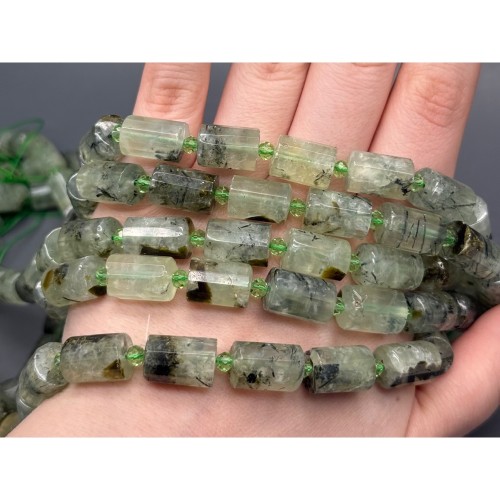 Каменные бусины, Пренит, с включениями, столбики (трубочки), с гранями, размер~15х10 мм, длина нити 38 см