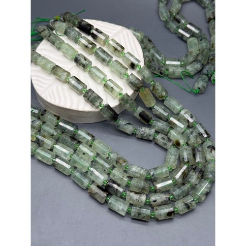 Каменные бусины, Пренит, с включениями, столбики (трубочки), с гранями, размер~15х10 мм, длина нити 38 см