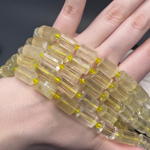 Каменные бусины, Цитрин лимонный, столбики (трубочки), с гранями, размер~15х10 мм, длина нити 38 см