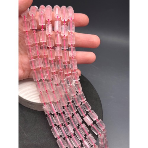 Каменные бусины, Розовый кварц, столбики (трубочки), с гранями, размер~8х12 мм, длина нити 38 см