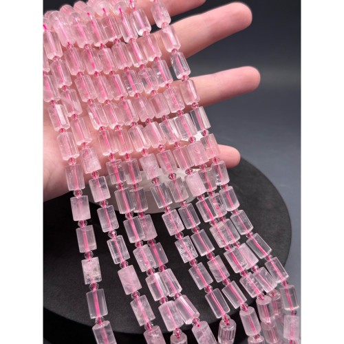 Каменные бусины, Розовый кварц, столбики (трубочки), с гранями, размер~8х12 мм, длина нити 38 см
