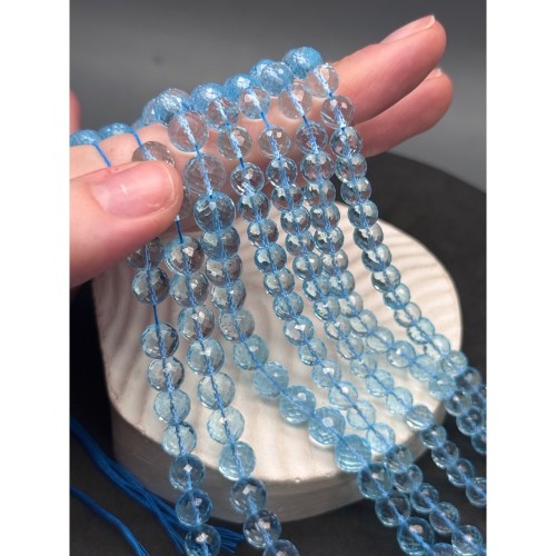 Каменные бусины, Топаз, голубой, экстра люкс, шарик, огранка, 6,8-7 мм, длина нити 25 см