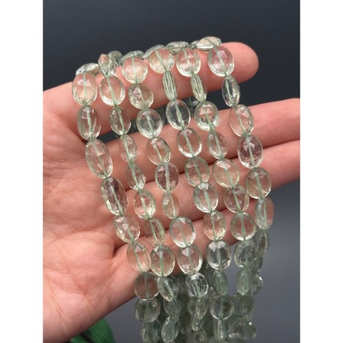 Каменные бусины, Празиолит, зеленый кварц, экстра люкс, овал, огранка, размер ~10х8х4 мм, длина нити 40 см