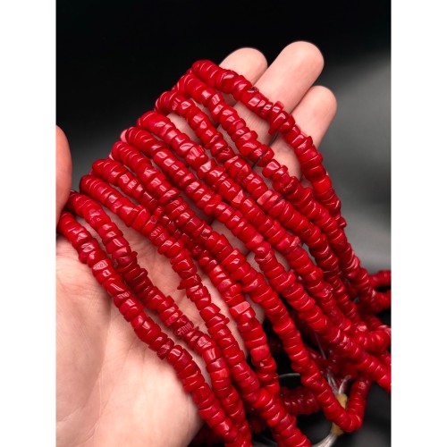 Каменные бусины, Коралл, красный, тонированный, фриформы, шайба, размер ~8х3 мм, длина нити 40 см