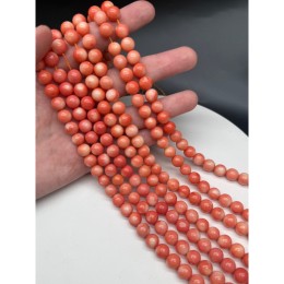 Каменные бусины, Коралл, "Лососевый", (оранжево-розовый), немного тонированный, шарик гладкий, 8-8,5 мм, длина нити 20 см