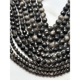 Каменные бусины, Обсидиан, серебристый, шарик огранка, 10 мм, длина нити 39 см