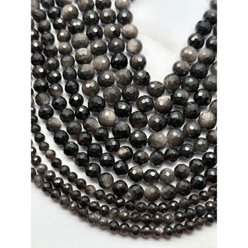 Каменные бусины, Обсидиан, серебристый, шарик огранка, 10 мм, длина нити 39 см