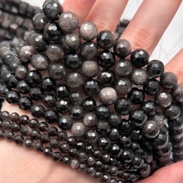 Каменные бусины, Обсидиан, серебристый, шарик огранка, 10 мм, длина нити 39 см