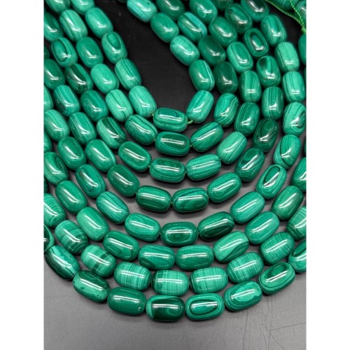 Каменные бусины, Малахит (Конго), люкс, бочонок овальный, 8х12 мм, длина нити 39 см