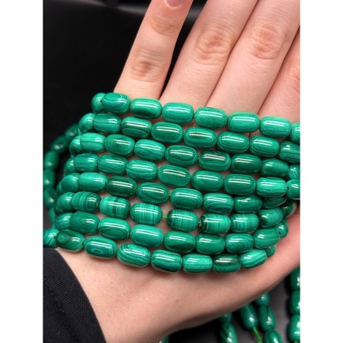 Каменные бусины, Малахит (Конго), люкс, бочонок овальный, 8х12 мм, длина нити 39 см
