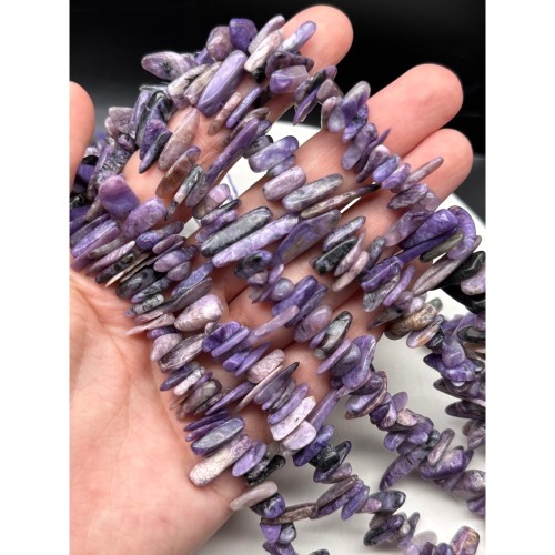 Каменные бусины, Чароит, фриформы, палочки, размер ~10-18х3 мм, длина нити 39 см