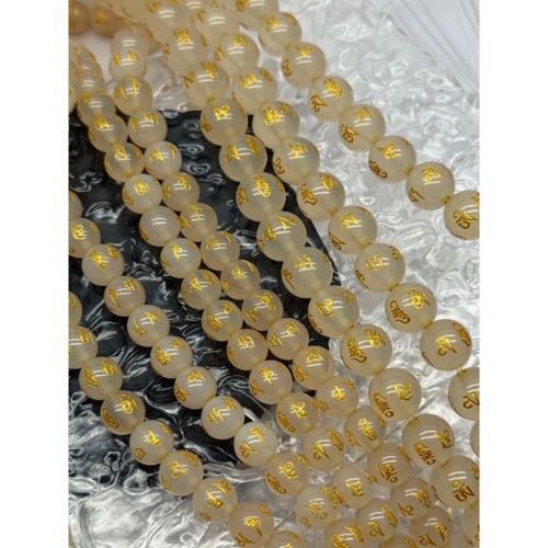 Каменные бусины, Халцедон белый, Мантры, (любовь, счастье, здоровье, успех, богатство), 10 мм, длина 38 см