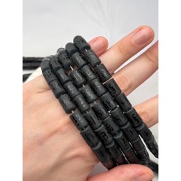 Каменные бусины, Агат черный, с мантрами, (любовь, счастье, здоровье, успех, богатство), трубочки (столбики), 8х12 мм, длина нити 39 см