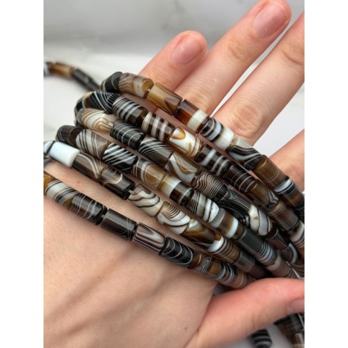 Каменные бусины, Сардоникс, трубочки (столбики), 8х12 мм, длина нити 39 см