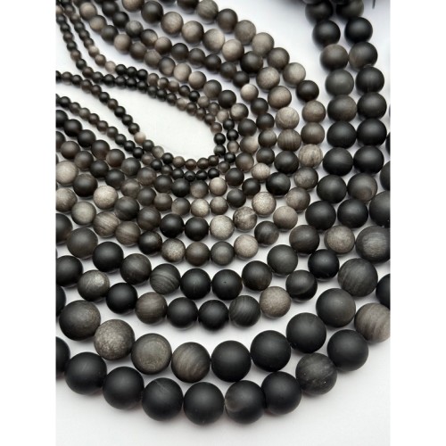 Каменные бусины, Обсидиан серебристый, матовый, шарик гладкий, 6-6,5 мм, длина нити 37-38 см