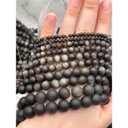 Каменные бусины, Обсидиан серебристый, матовый, шарик гладкий, 10 мм, длина нити 38 см