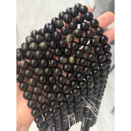 Каменные бусины, Обсидиан золотой, люкс, шарик гладкий, 12 мм, длина нити 38 см