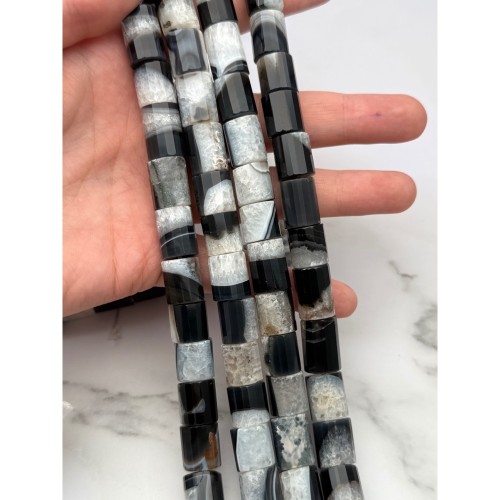 Каменные бусины, Агат в кварце, столбики (трубочки), с гранями, размер~14-16х12 мм, длина нити 39 см