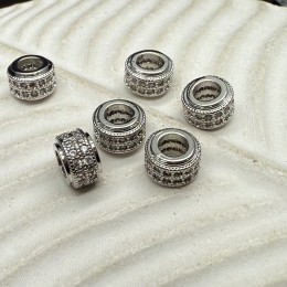 Бусина, разделитель, с фианитами, латунь, цвет серебро/родий, размер 7,5х5 мм