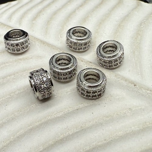 Бусина, разделитель, с фианитами, латунь, цвет серебро/родий, размер 7,5х5 мм