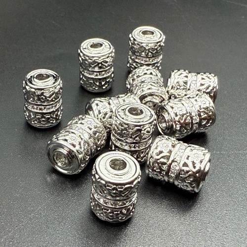 Бусина, разделитель, с фианитами, латунь, цвет серебро/родий, размер 10х7,5 мм