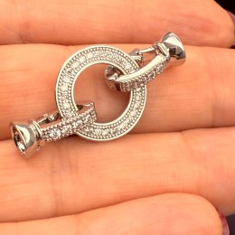 Застёжка, замочек, с фианитами, латунь, цвет серебро/родий, круг 16 мм, общая длина 33 мм