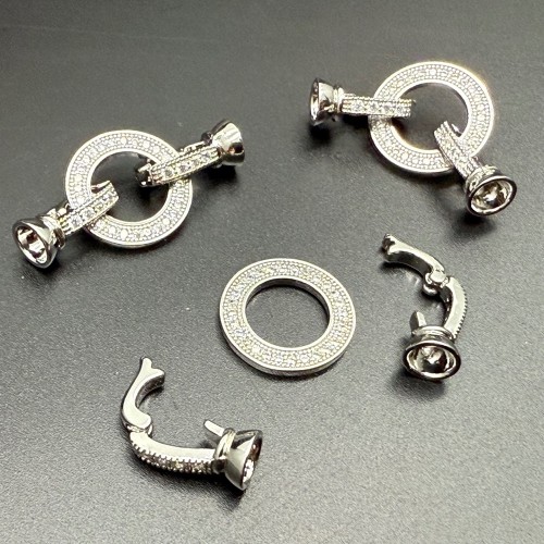 Застёжка, замочек, с фианитами, латунь, цвет серебро/родий, круг 16 мм, общая длина 33 мм