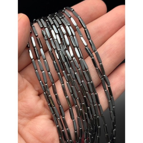 Каменные бусины, Гематит синтетический, трубочки, цвет темное серебро, размер 8х2 мм, нить 38 см