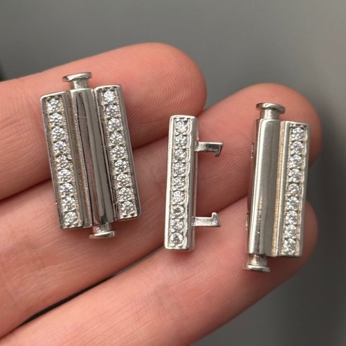 Замочек, многорядный, с циркониями, модель SS 925, покрытие родий, 26х12,5 мм, цена за шт