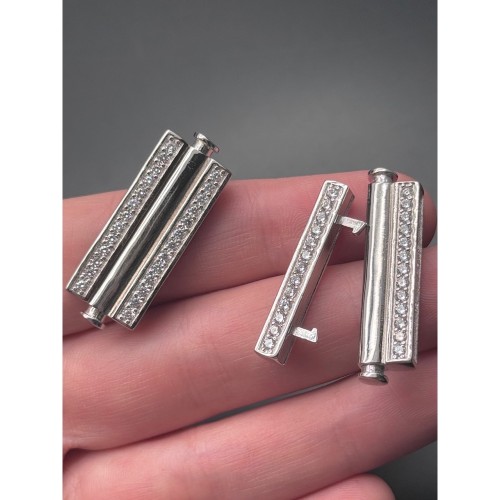 Замочек, многорядный, с циркониями, модель SS 925, покрытие родий, 35х12,5 мм, цена за шт