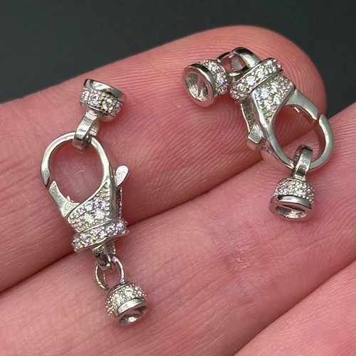 Замок, карабин, с циркониями, с концевиками, модель SS 925, покрытие родий, размер 14х8 мм, цена за шт.