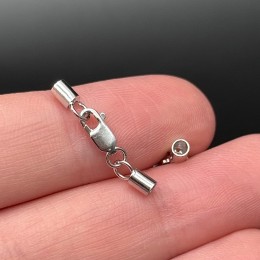 Карабин, замок, с концевиками, под шнур, модель SS 925, покрытие родий, карабин 8,5 мм, диаметр концевика 3 мм, цена за шт.